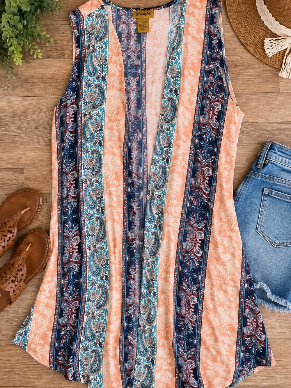 Wrangler Boho Paisley Sleeveless Open Front Duster Vest Kimono Large